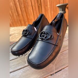 GUCCI Interlocking G Logo Black Leather Mens Driver Shoes Loafer US 7.5 #692379